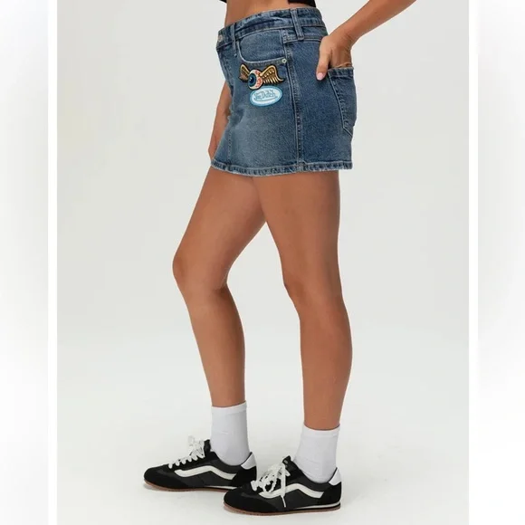 Von Dutch Y2K Low Rise Denim Micro Mini Skirt Eyeball Patch Size 30 NWT - Picture 4 of 16